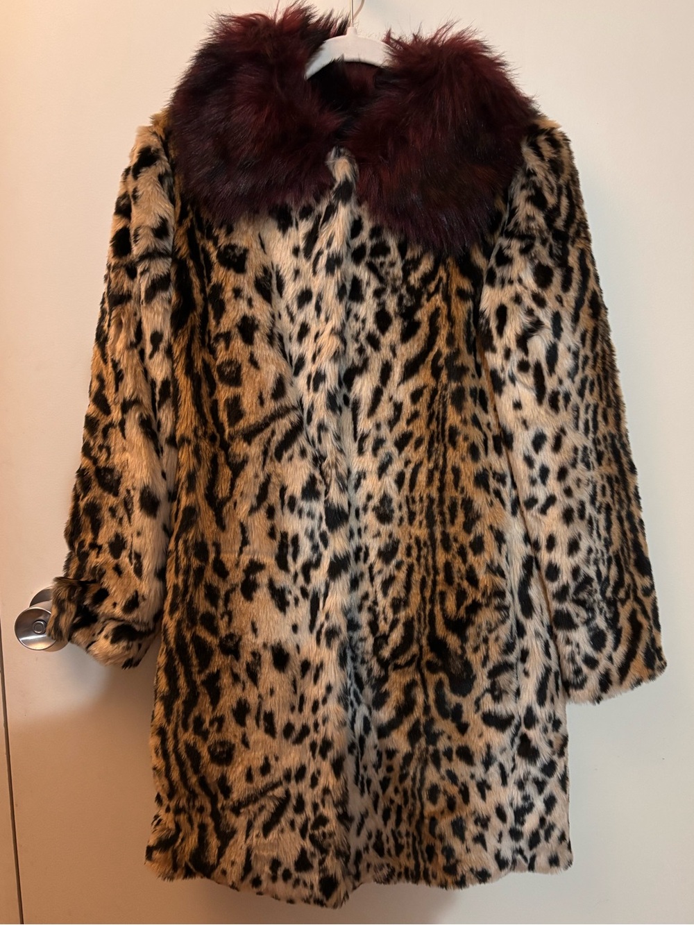Love Token Faux Leopard Print Coat with Burgundy Faux-Fur Collar — Like New